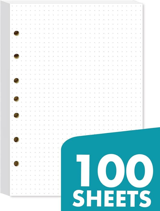Dotted Filler Paper Pack of 100 Sheets, 7 Hole Punched Planner Refills 5 1/2 x 8 1/2 Inches, Fit 3 or 7 Ring Mini Binders
