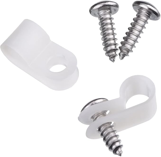 Hicarer 50 Pack R-Type Cable Clip Wire Clamp, Nylon Screw Mounting Cord Fastener Clips with 50 Pack Screws for Wire Management (White,1/2 Inch)