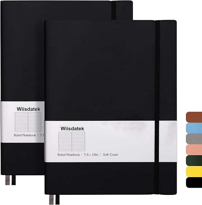 B5 College Ruled Notebooks - 2 Pack B5 Large Journal Notebooks with 376 Numbered Pages,100gsm Thick Lined Paper,Soft PU Leather Cover,7.6 X 10 inch(BLACK)
