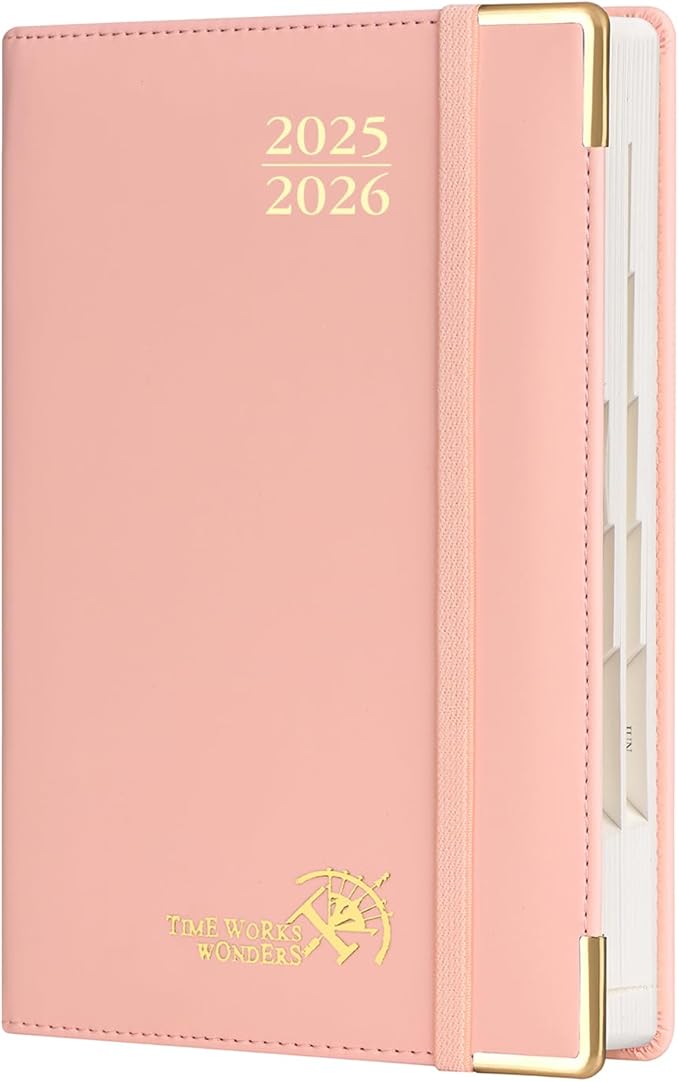 POPRUN Daily Planner 2025-2026 One Page per Day, (A5 Size 5.75" x 8.5") Academic Calendar (July25- June26) Hourly Appointment Book with Vegan Leather Hardcover, Monthly Tabs & Pocket - Soft Pink