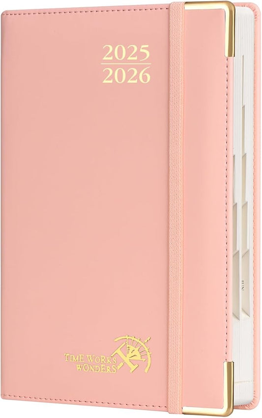 POPRUN Daily Planner 2025-2026 One Page per Day, (A5 Size 5.75" x 8.5") Academic Calendar (July25- June26) Hourly Appointment Book with Vegan Leather Hardcover, Monthly Tabs & Pocket - Soft Pink