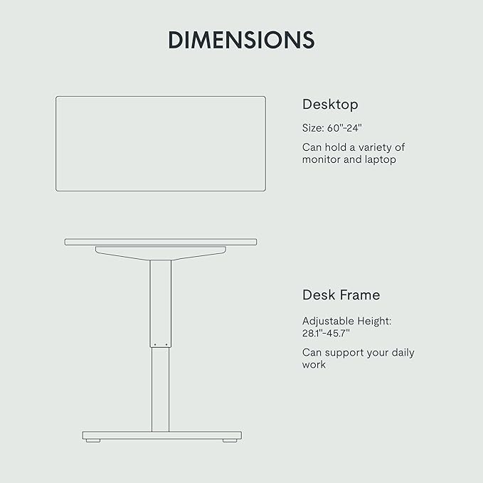 FLEXISPOT EN1 One-Piece Standing Desk, 60 x 24 Inches Large Height Adjustable Desk, Electric Sit Stand Desk Home Office Table Computer Workstation (White Frame + Black Desktop, 2 Packages)