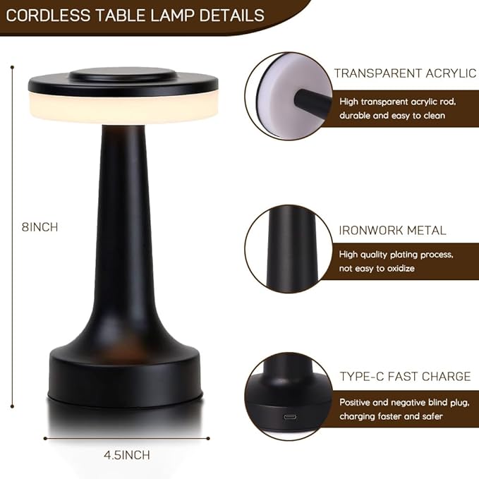 Cordless Metal Desk Lamp, Touch Sensor Control LED Table Lamp,3 Color Stepless Dimmable Battery Powered Lamp for Living Room, Dorm, Home Office (Black)