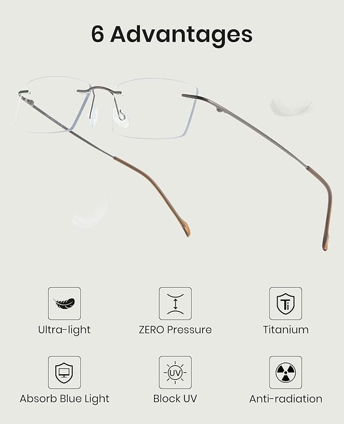 Cyxus Titanium Small Rectangle Glasses for Men Blue Light Blocking Eyewear Ultralight Anti Eye Strain Rimless Eyeglasses Reduce Headache Gunmetal Frames