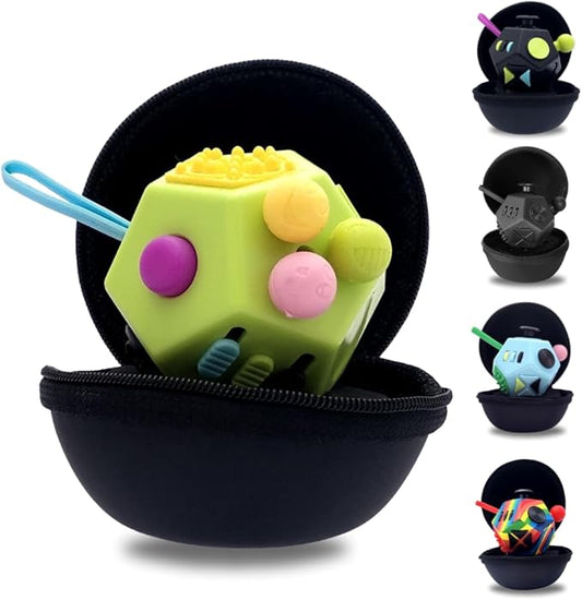 PILPOC theFube Fidget Cube with 12 Sides - Handy Anxiety Toys for Kids and Adults - Fidget Dice for Stress Relief & Focus - Anti Stress Cube for ADHD, ADD, with Carry Case (Green & Mix)