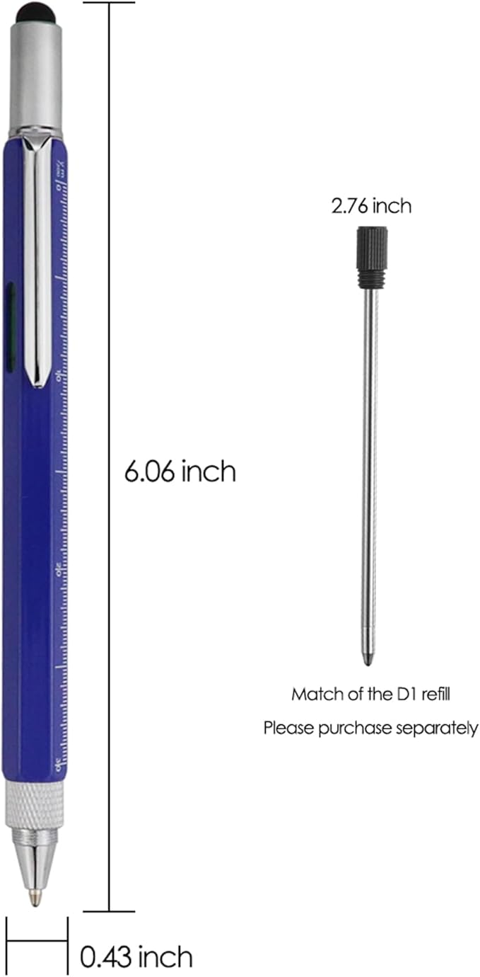 HeTaoCat Metal Multi-tool - 6-in-1 Stylus Pen with Screwdriver, Phillips & Flathead Bits, Ballpoint Pen, Stylus, Bubble Level, Ruler (Blue)