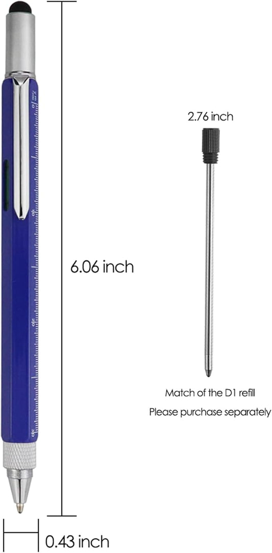 HeTaoCat Metal Multi-tool - 6-in-1 Stylus Pen with Screwdriver, Phillips & Flathead Bits, Ballpoint Pen, Stylus, Bubble Level, Ruler (Blue)