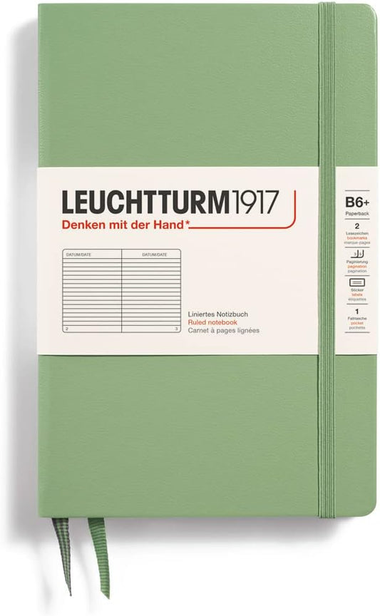 LEUCHTTURM1917 - Notebook Hardcover Paperback B6+ - 219 Numbered Pages for Writing and Journaling (Sage, Ruled)