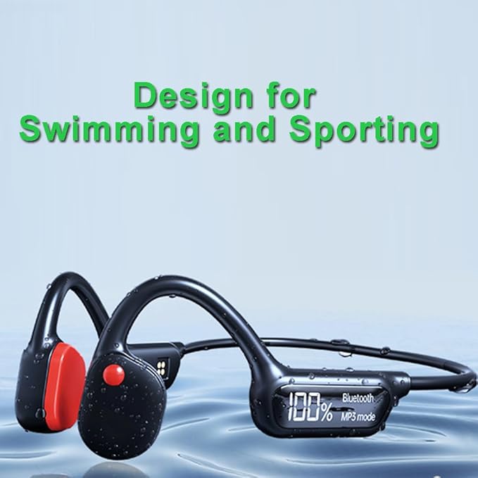 Swimming Headphones Bone Conduction Open Ear Headset MP3 Player Built-in 32G Memory IP68 Underwater Waterproof Stereo Bluetooth Earphone LED Screen for Driving Bicycling Running Skiing-X10 Black