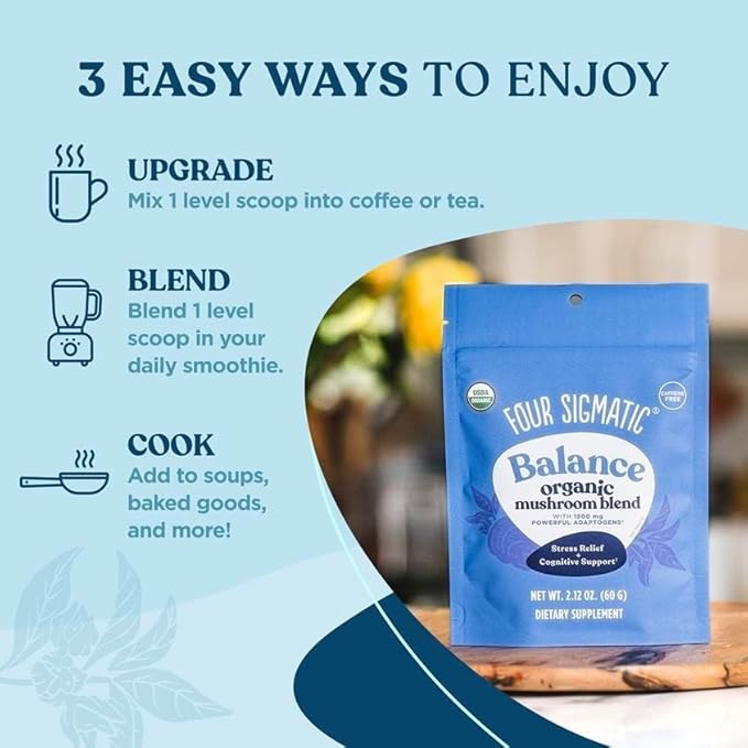 Four Sigmatic Calm Mushroom Blend | Adaptogen Supplement with Ashwagandha, Reishi, Tulsi, Cordyceps, Chaga, Rose HIPS, and More | Natural Stress Relief and Immune Support Supplement | 30 Servings