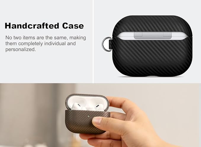 Leather Case - for AirPods Pro 2 Case Cover with Keychain - Selected Skin-friendly Leather, Carbon Fibre Texture, Handmade Shockproof Hard Cover for AirPods Pro 2nd Generation Earbuds - Black