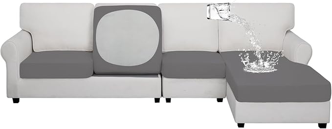 Easy-Going 100% Waterproof 4 Pieces Couch Cushion Covers for Sectional Sofa Left/Right L Shape Chaise Lounge Sofa Seat slipcover Anti-Slip Sofa Cover (3 Seater + 1 Chaise, Light Gray