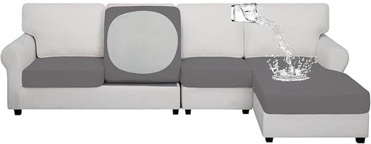 Easy-Going 100% Waterproof 4 Pieces Couch Cushion Covers for Sectional Sofa Left/Right L Shape Chaise Lounge Sofa Seat slipcover Anti-Slip Sofa Cover (3 Seater + 1 Chaise, Light Gray