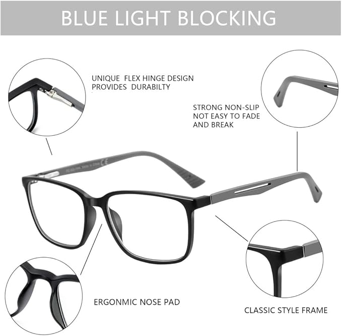 BLUEMOKY Blue Light Reading Glasses for Men，Sport Square Frame Readers, Anti Glare Computer Glasses