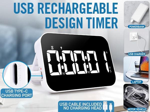 LED Timer（1.5" Number） with Voice Reminder, Digital Magnetic Timer, Countdown/Up, Rechargeabilit, Brightness Display, 3 Volume Levels and Vibration Mode, for Classroom, Study (White)