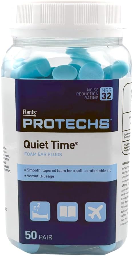 Flents Protechs Foam Ear Plugs for Sleeping, Snoring, Traveling, Concerts, Construction & Studying, Ultra Soft & Comfortable, Blue, 50 Pairs, NRR 32 Hearing Protection for Loud Noise