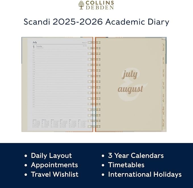 Collins 'Scandi' 14 Month Planner, July 2025-August 2026 Day-to-Page Diary, A5 Hard Cover, Geo Gray