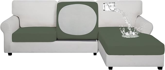 Easy-Going 100% Waterproof 3 Pieces Couch Cushion Covers for Sectional Sofa Left/Right L Shape Chaise Lounge Sofa Seat slipcover Anti-Slip Sofa Cover (2 Seater + 1 Chaise, Grayish Green