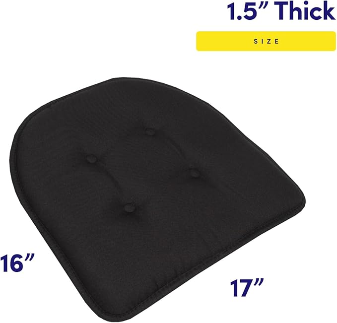 Sweet Home Collection Chair Cushion Memory Foam Pads Tufted Slip Non Skid Rubber Back U-Shaped 17" x 16" Seat Cover, 6 Count (Pack of 3), Black