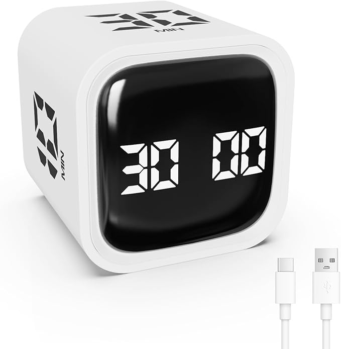 Digital Cube Productivity Timer - Rotating Pomodoro Timer with Gravireceptor 5-10-30-60 Min Custom Countdown, Vibration & Adjustable Volume for Learning, Office, Kitchen, Desk, White