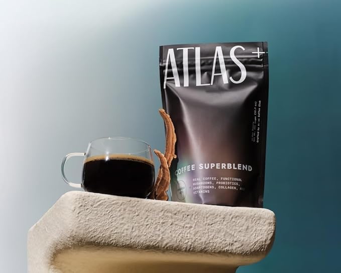 Atlas+ Coffee Superblend– Instant Mushroom Coffee with Lion’s Mane, Reishi, Cordyceps, Ashwagandha, Probiotics, Vitamin D3 & B12– for Energy, Focus, Immunity & Gut Health– 28 Servings (1 Bag)