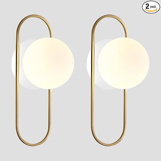 Gold Glass Globe Wall Sconce Set of 2 Mid-Century Modern Vintage Brass Oval Wall Mounted Light Fixtures Rustic Bathroom Vanity Lights Over Mirror