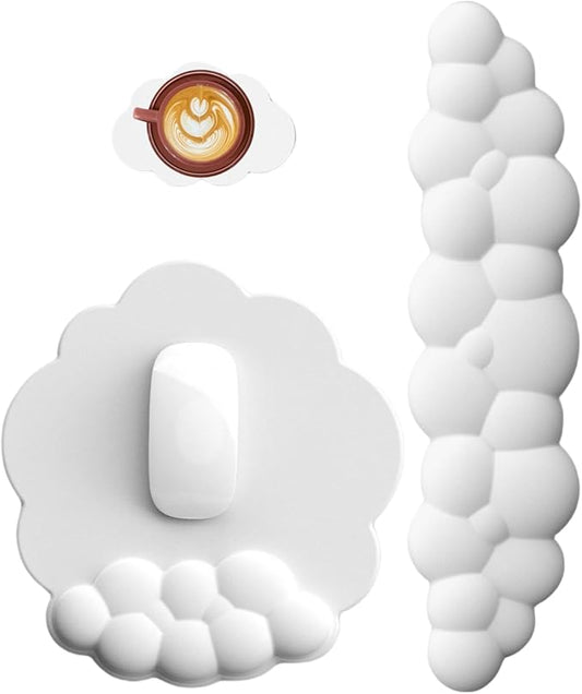 Cloud Keyboard and Mouse Wrist Rest Pad for Computer Arm Pain Relief- Ergonomic Wrist Support Mousepad with Non-Slip PU Base for Office, Gaming, and Home Use Anti-Fatigue(White)