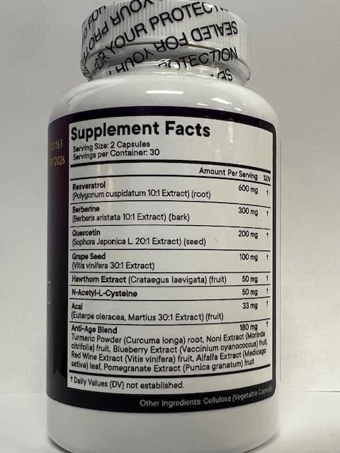 NEW AGE Resveratrol, Berberine, Grape Seed Extract, Quercetin, Polyphenol Supplement for Women and Men with Noni Extract, N-Acetyl Cysteine, Acai Extract - 180 Capsules