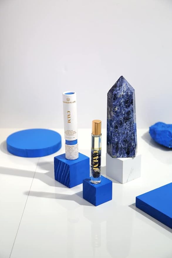 Essential Oil Rollerballs, .34 OZ, Calm - Sodalite Crystal Infused - Scents of Chamomile, Howood, & Sage - Aromatherapy Roll On Oils, Skin Care, Massage