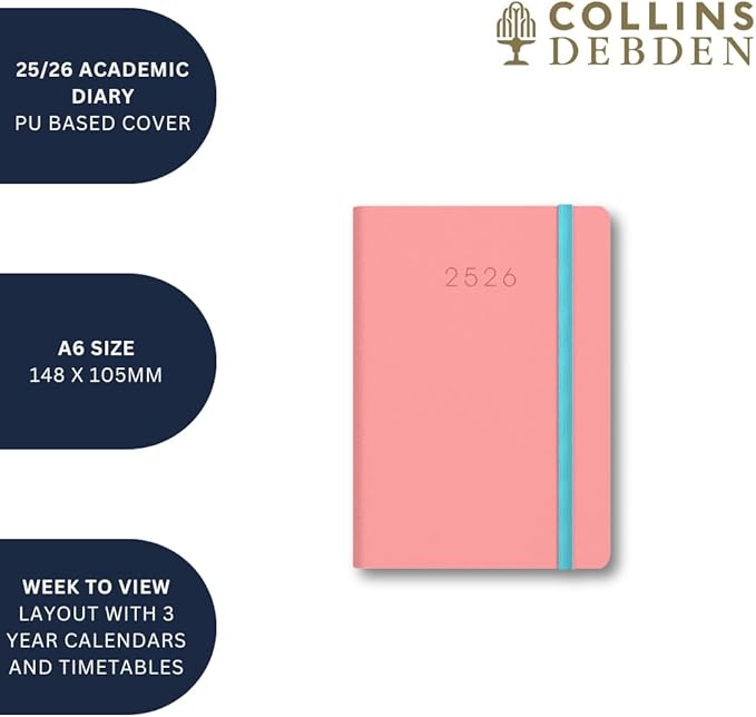 Collins 'Legacy' 14 Month Mid/Academic Year Planner, July 2025-August 2026 Week-to-View Diary, A6 Hard Cover, Pink