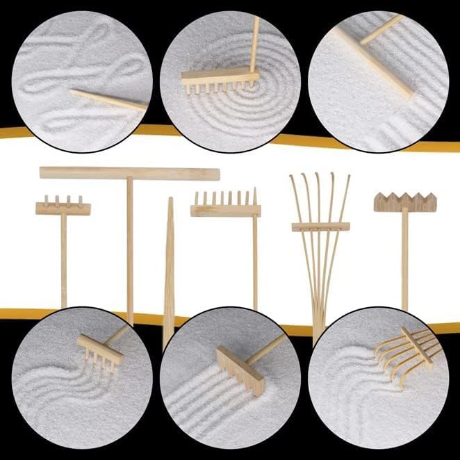 Zen Garden Kit 11x8in. Beautiful Japanese Decor Mini Rock Feature Gift Set for Home, Office Desk. Zen Sand Garden, 6 Tools, 15 Accessories. Sand Tray Therapy Desktop Meditation Room