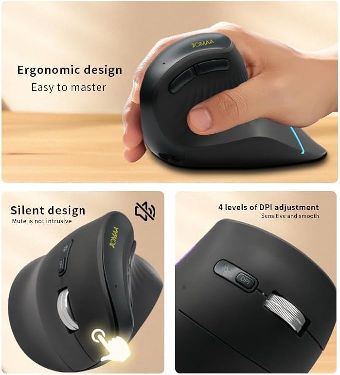 JOMAA Wireless Vertical Mouse, Multi-Device Bluetooth 5.2 & 2.4G Ergonomic Mouse with RGB Lighting, 4000 CPI, 500mAh Rechargeable, for Windows/Mac/Android