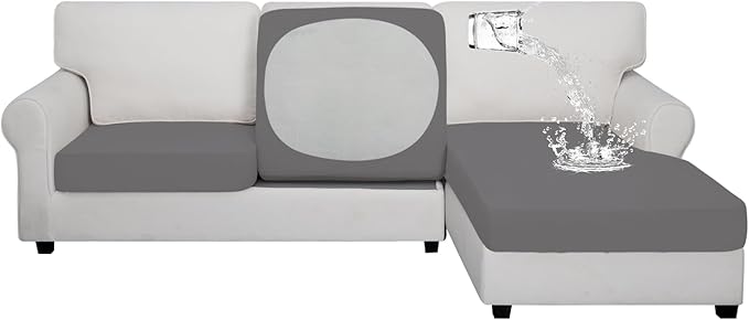 Easy-Going 100% Waterproof 3 Pieces Couch Cushion Covers for Sectional Sofa Left/Right L Shape Chaise Lounge Sofa Seat slipcover Anti-Slip Sofa Cover (2 Seater + 1 Chaise, Light Gray