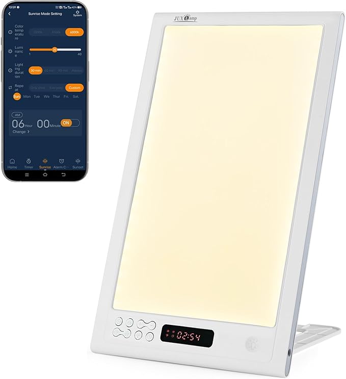Bright Light Therapy Lamp 12000 Lux - Sunrise Alarm Clock with Dawn Simulator, APP Control - Wake Up Happy & Start Your Day Positively
