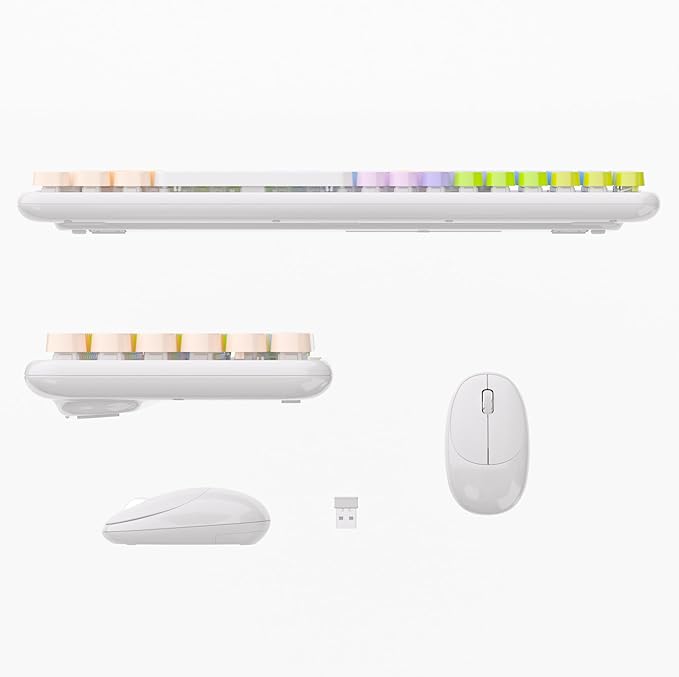 Wireless Keyboards and Mouse Combos, UBOTIE Colorful Gradient Rainbow Colored Retro Typewriter Flexible Keyboard, 2.4GHz Connection and Optical Mouse(White Colorful)