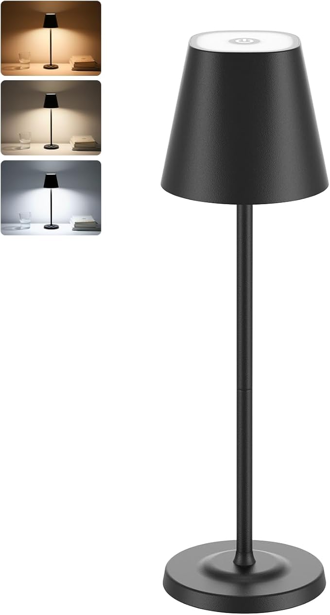 LED Cordless Table Lamp Rechargeable, 3-Height Adjustable, 5500mAh Battery Operated Lamp, 3-Color Dimming Touch Lamp, Portable Lamp for Dining, Bedroom,Camping, Outdoor, Indoor(Black 1 Pc)