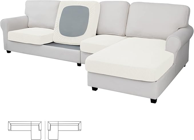 Easy-Going Stretch 4 Pieces Couch Cushion Covers for Sectional Sofa Left/Right L Shape Chaise Lounge Sofa Seat slipcover Anti-Slip Sofa Cover Soft (3 Seater + 1 Chaise, Cream)