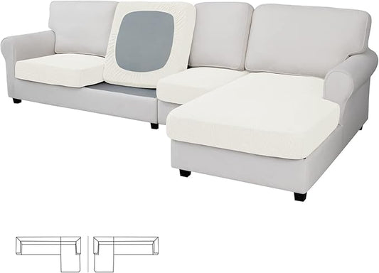 Easy-Going Stretch 4 Pieces Couch Cushion Covers for Sectional Sofa Left/Right L Shape Chaise Lounge Sofa Seat slipcover Anti-Slip Sofa Cover Soft (3 Seater + 1 Chaise, Cream)