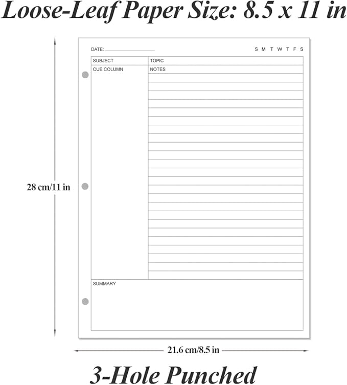 A4 Cornell Notes Filler Paper - 3 Hole Cornell Notes Loose Leaf Paper, 50Sheets / 100Pages, 100gsm, White, 8.5'' x 11''