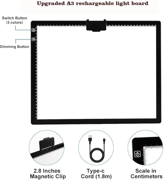 Rechargeable A3 LED Light Pad with Carry Bag, Adjustable Brightness Light Box with 3 Colors, Built-in Stand, 2500mAh Battery, Magnetic Clip, Light Board for Tracing Diamond Painting Sketching