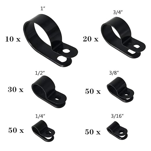 210 Pcs Plastic Cable Clamp Black Nylon Screws, Minelife R-Type Cable Wire Clip Clamp Fasteners 3/16" 1/4" 3/8" 1/2" 3/4" 1" for Wire Management