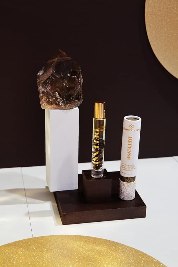 Essential Oil Rollerballs, .34 OZ, Defense - Smoky Quartz Crystal Infused - Scents of Frankincense, Neroli, & Sage - Aromatherapy Roll On Oils, Skin Care, Massage