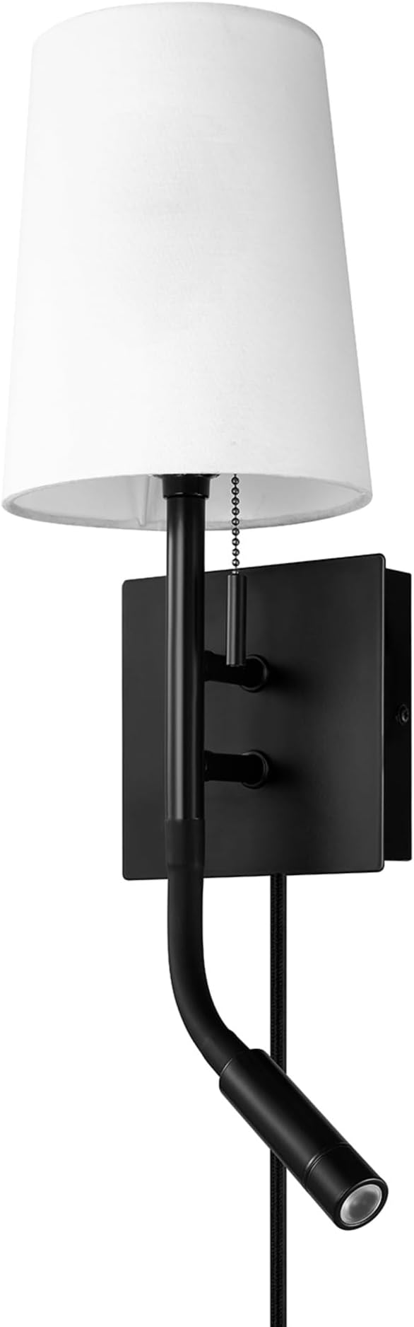 Globe Electric 1-Light Plug-in or Hardwired Wall Sconce with Reading Light, USB-A Port, USB-C Port, LED Integrated Reading Light, Matte Black, White Fabric Shade, On-Off Pull Chain and Rocker Switch