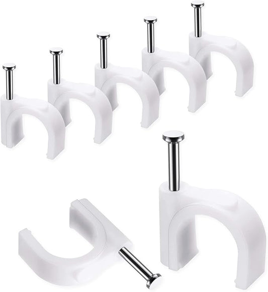 Cable Clips, 100 Pcs, 10mm, Wire Wall Clips with Steel Nails, Cable Management Organizer Clips, Cable Tacks Coax Holder Clips, RG6 RG59 CAT6 RJ45 Cable Cord Clips, White