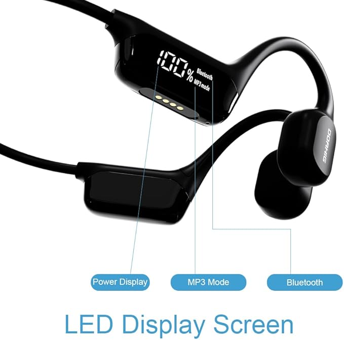 Swimming Headphones Bone Conduction Open Ear Headset MP3 Player Built-in 32G Memory IP68 Underwater Waterproof Stereo Bluetooth Earphone LED Screen for Driving Bicycling Running Skiing-S10 Black