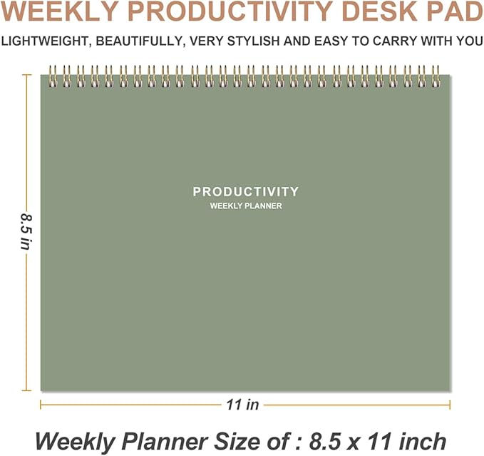 Weekly Productivity Planner - 8.5" x 11" Dashboard Desk Notepad Has 6 Focus Areas to List Tasks for Goals, Projects, Clients, Academic or Meal-Organize Your Daily Work Efficiently, 54 Weeks, Green
