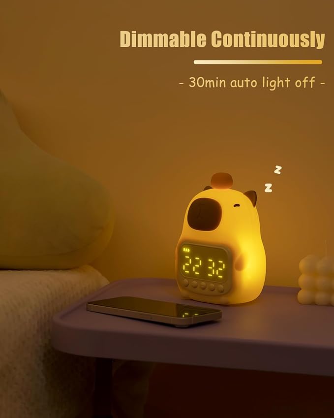Capybara Alarm Clock with Night Light for Kids, Cute Toddler Alarm Clocks for Bedrooms Ok to Wake Clocks for Girls and Boys, Rechargeable Silicone Animal Tabletop Lamp for Kid