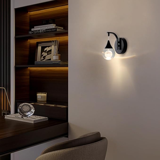 Modern Wall Sconces, Moon Crystal Wall Sconce Indoor, 5W Dimmable LED Sconce Wall Lighting for Bedroom Bedside Bathroom Living Room Hallway Staircase, Black
