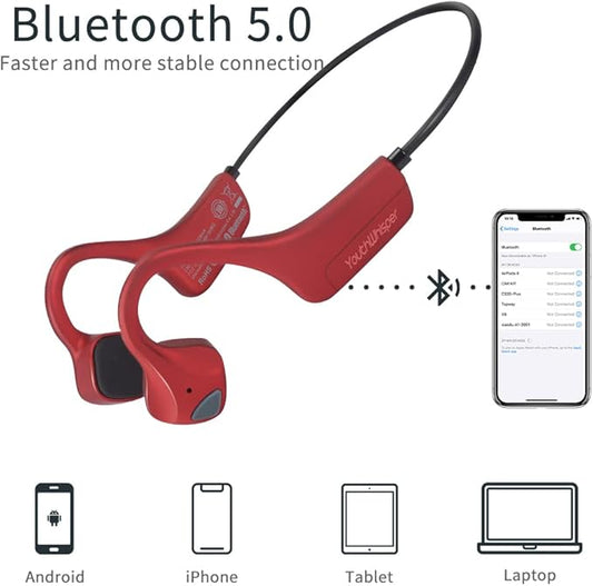 Bone Conduction Headphones Bluetooth, YouthWhisper Open Ear Wireless Earphones, Sports Headphones with Mic Waterproof for Running Cycling Hiking Walking and Workout (Red)