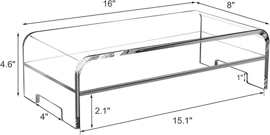 Acrylic Monitor Stand 2-Tier Riser, Clear Desktop Organizer for Computer and Laptop, Heavy-Duty Dual-Layer Design for Home Office, 16" L x 8" W x 4.6" H(2-Tier)